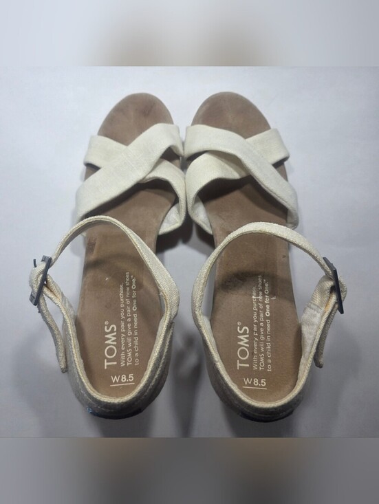 Toms Shoes - TOMS Women's Wedge Sandals Size 8.5 White Canvas Cork Heel Ankle Strap